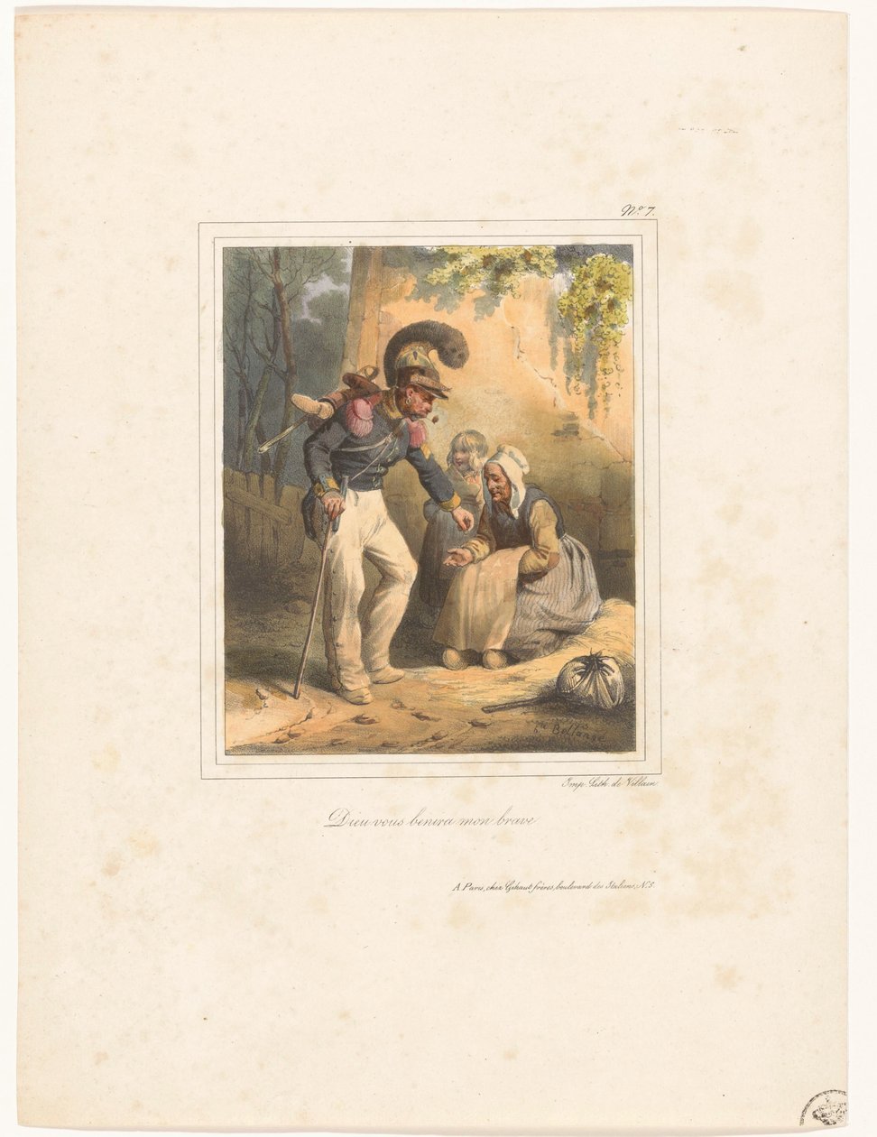 Soldier Giving Money to a Poor Woman (God Bless You, My Brave) (title on object) (Lithographic Album No. 9) (series title) by Hippolyte Bellange