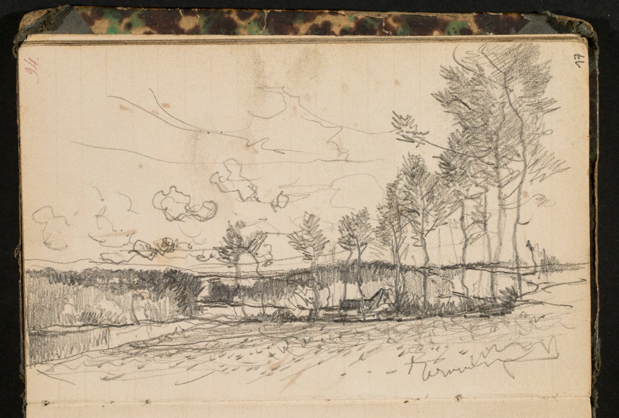 Landscape with Trees and a Farm (Page from a Sketchbook) by Hippolyte Boulenger