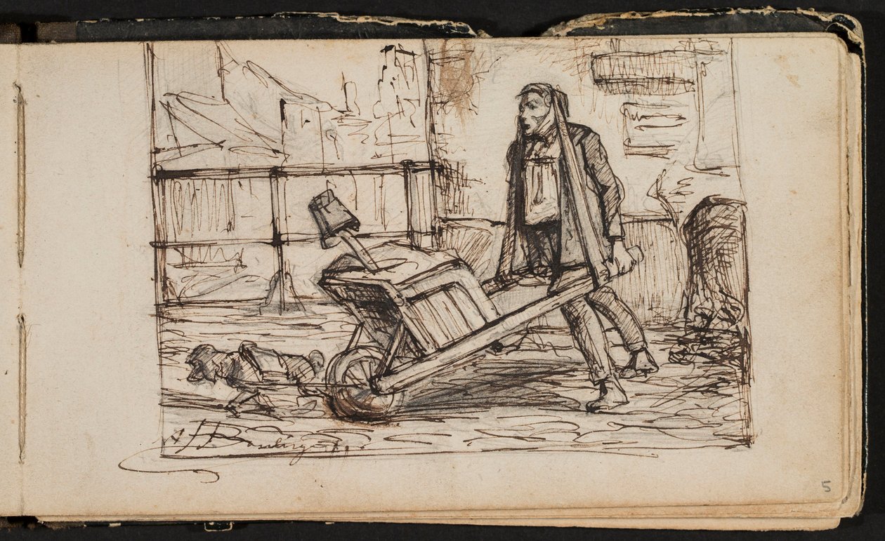 Man with Wheelbarrow and Little Dog (Page from a Sketchbook) by Hippolyte Boulenger