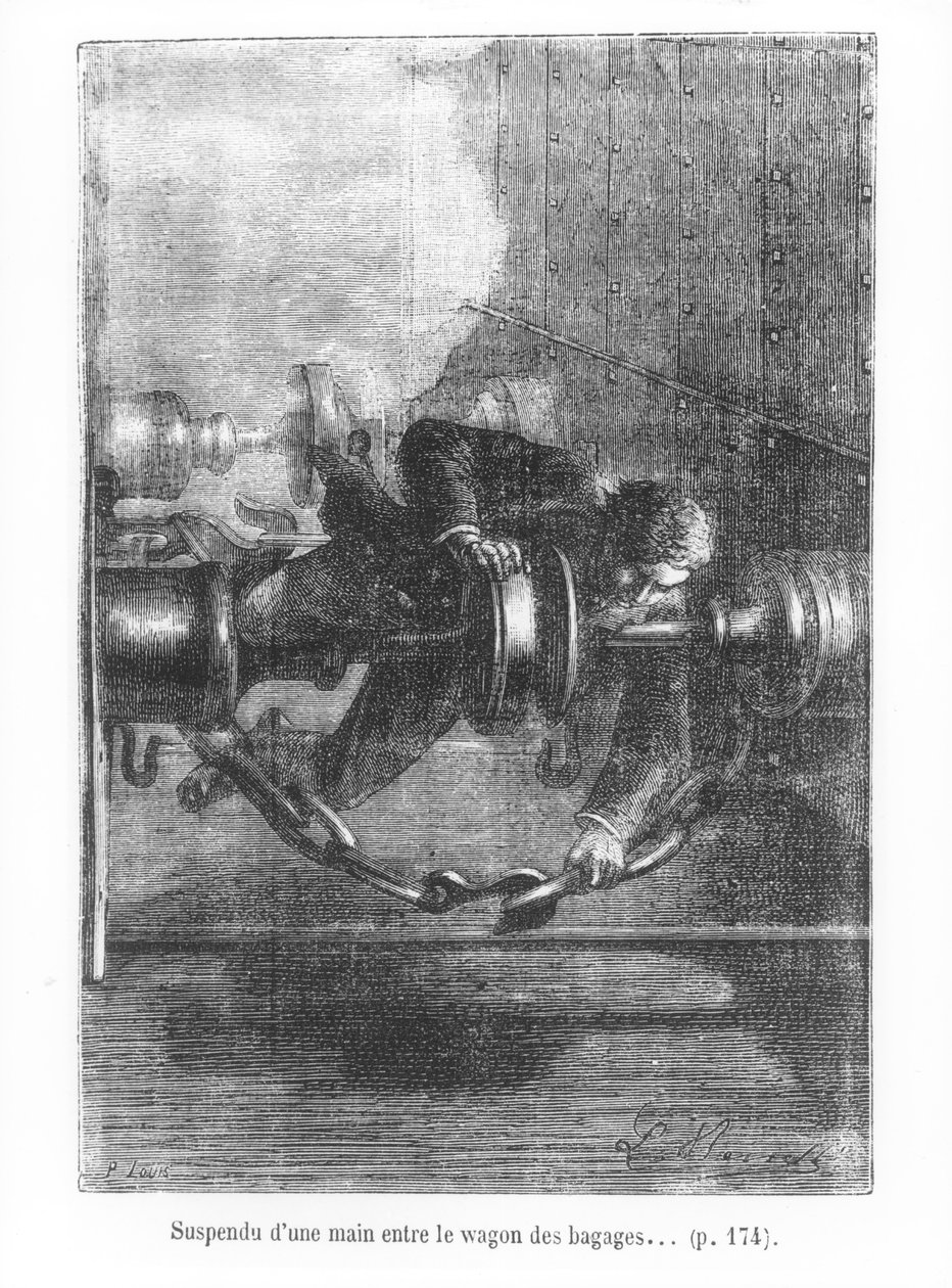 Hanging on by One Hand Between the Baggage Car, illustration from 