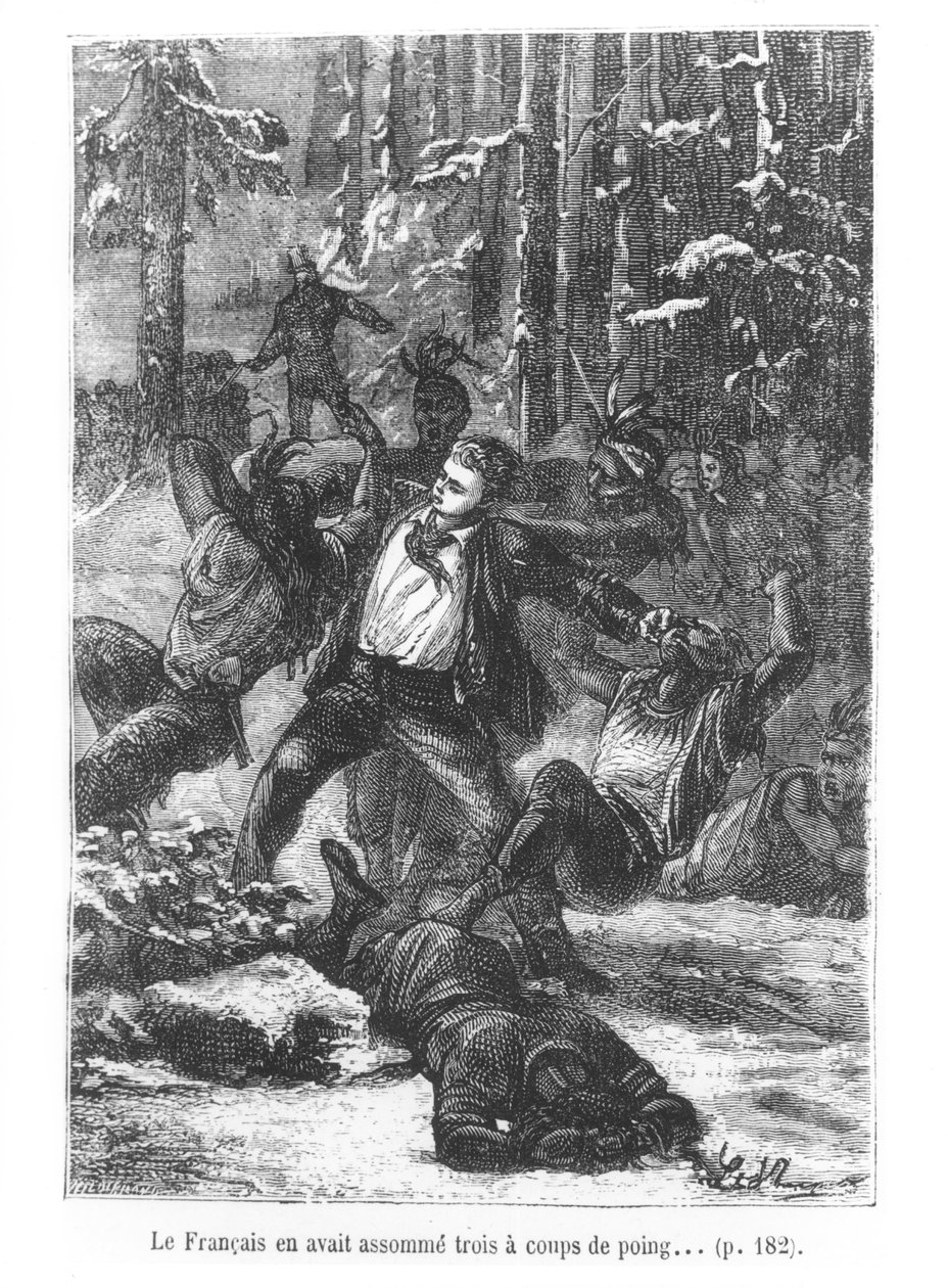 The Frenchman Was Able to Flatten Three of them with a Punch, illustration from Around the World in Eighty Days by Jules Verne (1828-1905) engraved by Henri Theophile Hildibrand (1824-97) by Hippolyte Leon Benett