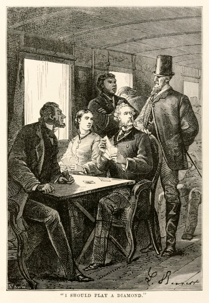 I should play a diamond, from Around the World in Eighty Days by Jules Verne, engraved by Adolphe François Pannemaker, 1873 by Hippolyte Leon after Benett