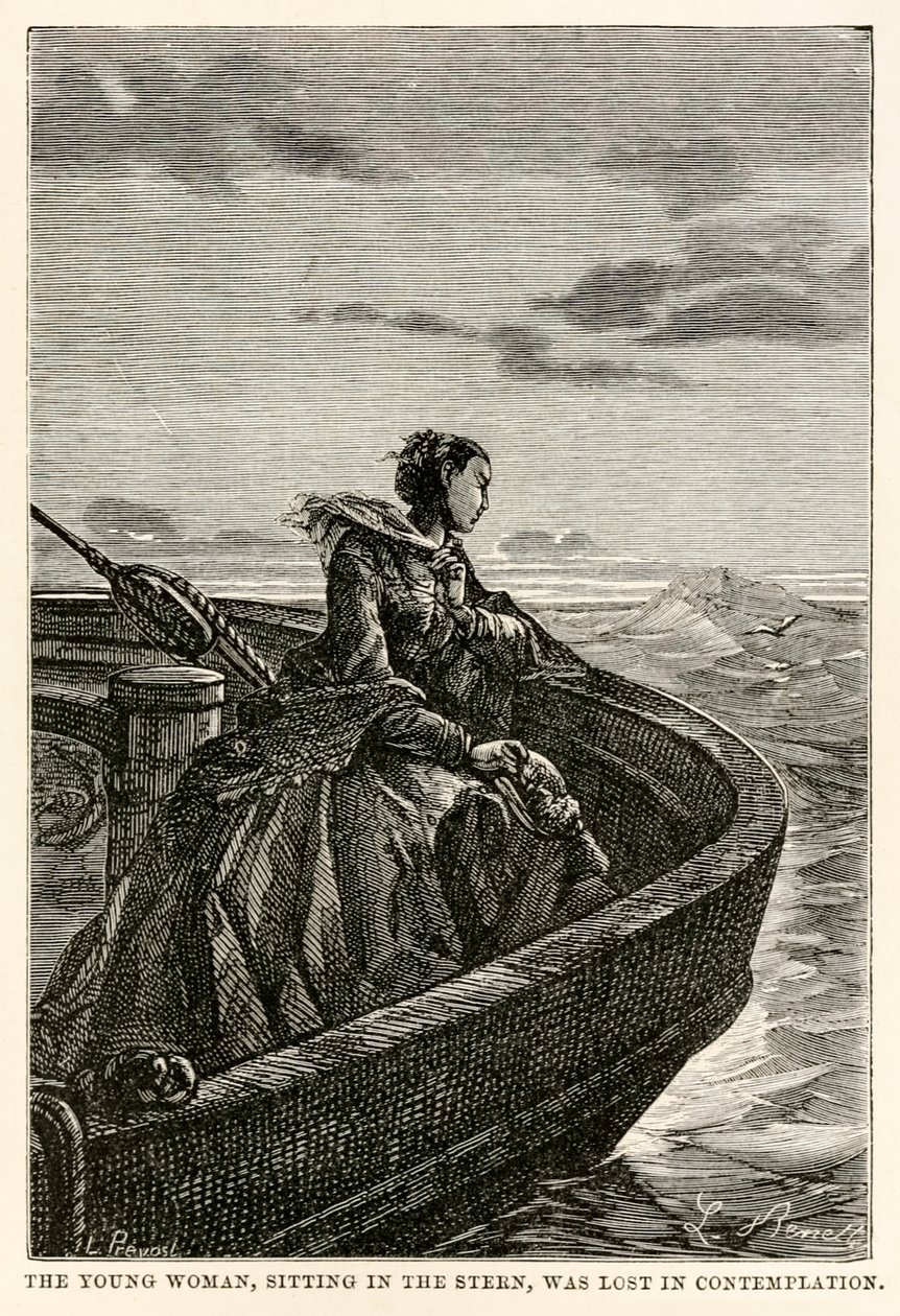 The young woman, sitting in the stern, was lost in contemplation, from Around the World in Eighty Days by Jules Verne by Hippolyte Leon after Benett