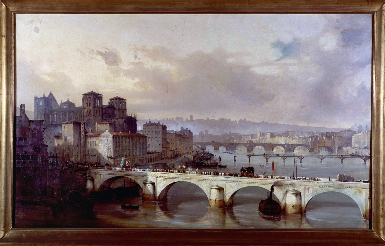 Procession Passing on the Bridge of the Archbishopric in Lyon (painting by Hyppolyte Leymarie, c. 1835-1840, Gadagne Museum in Lyon) by Hippolyte Leymarie