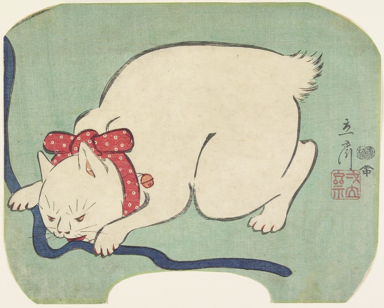 A White Cat Playing with a String by Hiroshige II