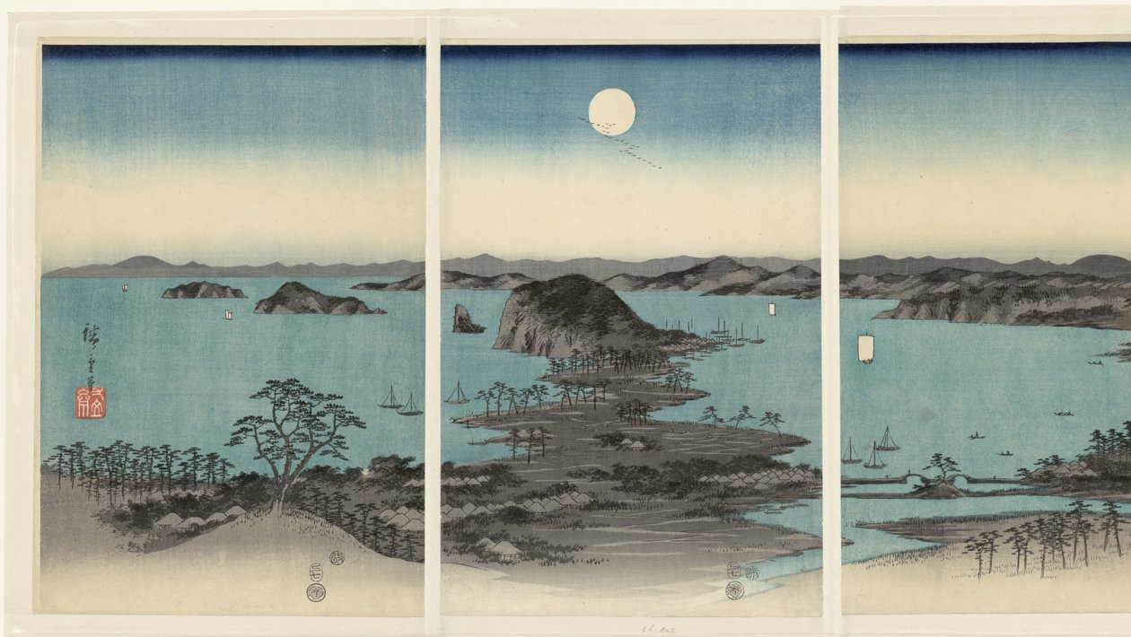 Evening Panorama of the Eight Views of Kanazawa in Musashi Province, Snow, Moon, and Flowers by Hiroshige (I) , Utagawa