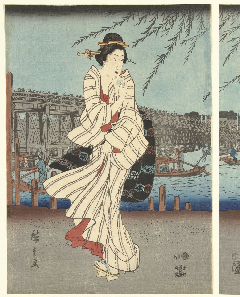 Famous Places in the Eastern Capital: Enjoying an Evening Breeze at the Ryogoku Bridge by Hiroshige (I) , Utagawa