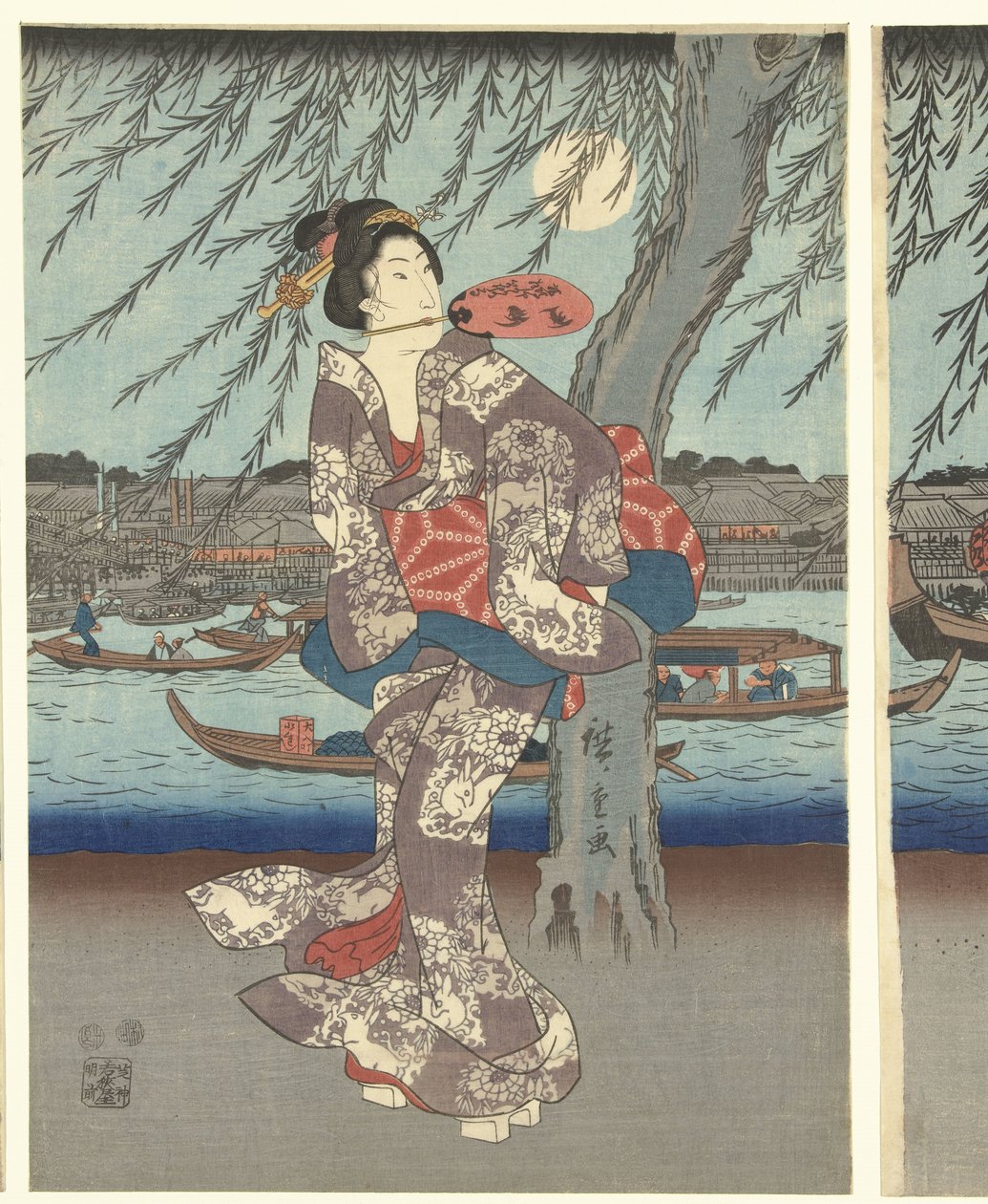 Famous Places in the Eastern Capital: Enjoying an Evening Breeze at the Ryogoku Bridge by Hiroshige (I) , Utagawa