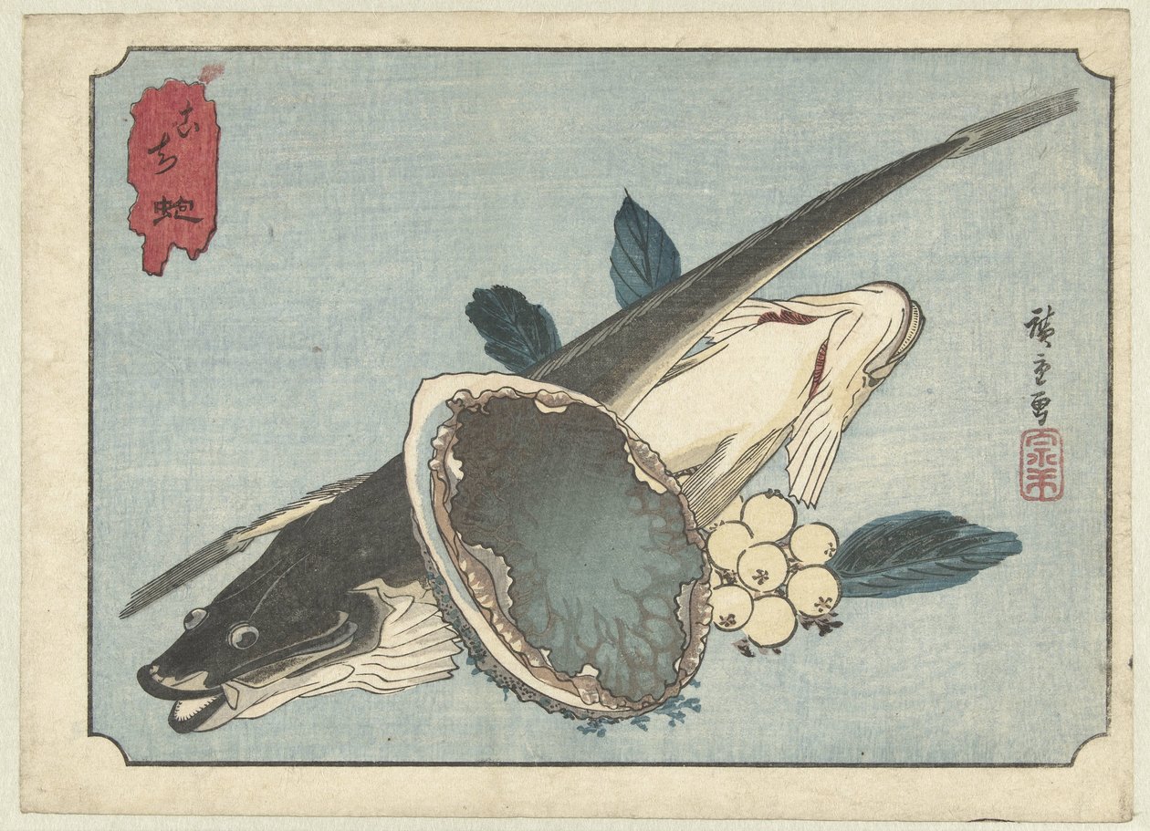 Flatfish, Abalone, and Berries by Hiroshige (I) , Utagawa
