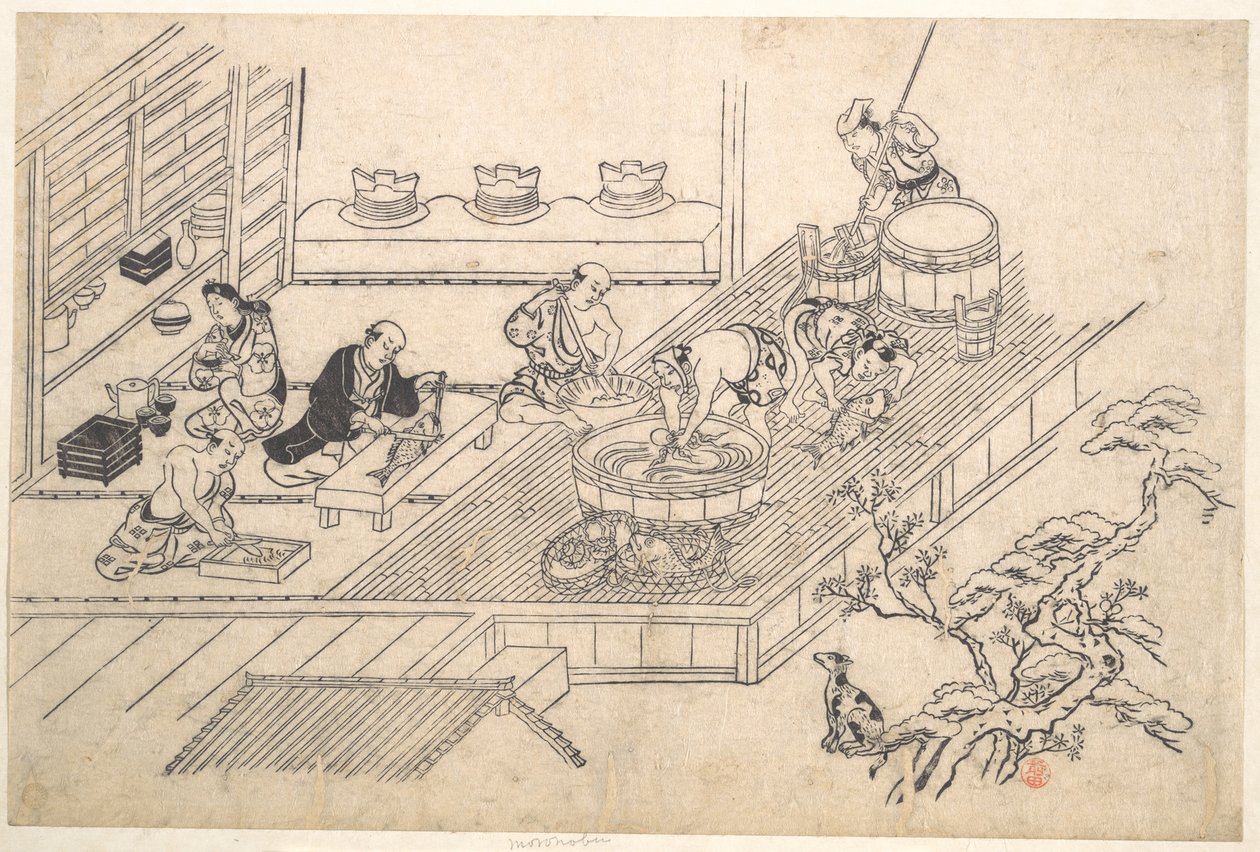 The Kitchen of a Joroya by Hishikawa Moronobu