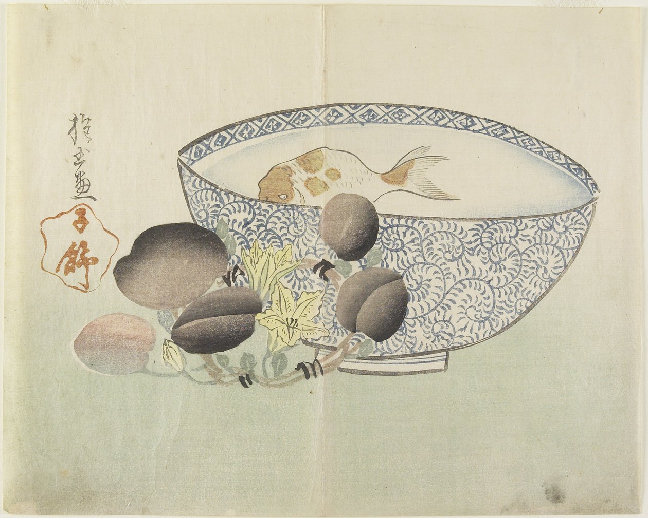 Fish in Bowl of Water, Flowering Branch with Fruit by Hogyoku