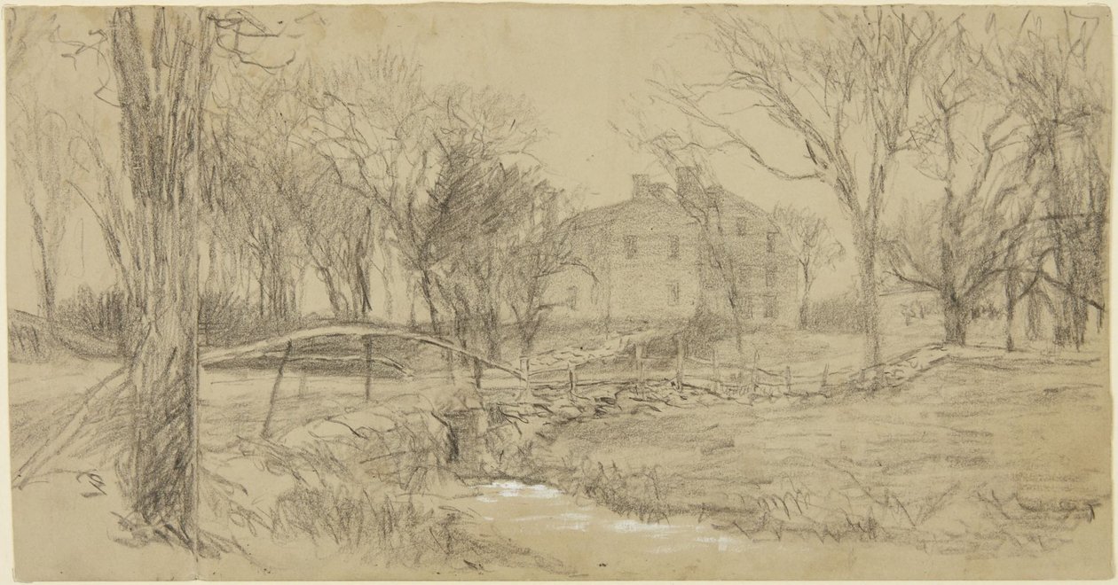 Large House, Brook, and Bridge by Homer Dodge Martin