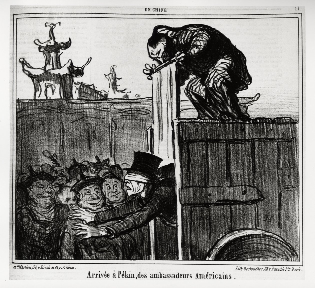 Arrival in Peking of American ambassadors. In series En Chine, illustration by Honore Daumier, published in Charivari, dated 13 October 1859 by Honoré Daumier