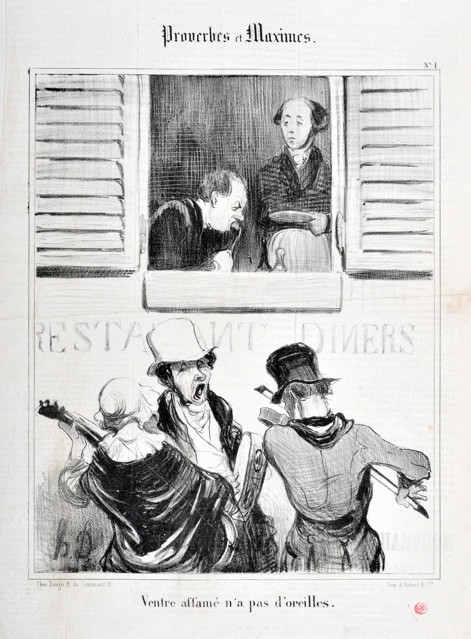 Charivari dates from 1840: Serie PROVERBES ET MAXIMES Belly starvation has no ears MUSEE DES BEAUX ARTS - PALAIS LONGCHAMP, MARSEILLE by Honoré Daumier