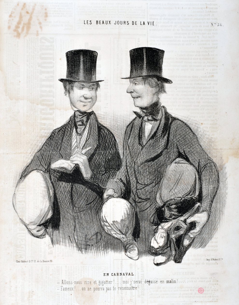 Artwork by Honore Daumier (1808-1879). Charivari dates from 1845: Serie LES BEAUX DAYS DE LA VIE. In Carnival -Let