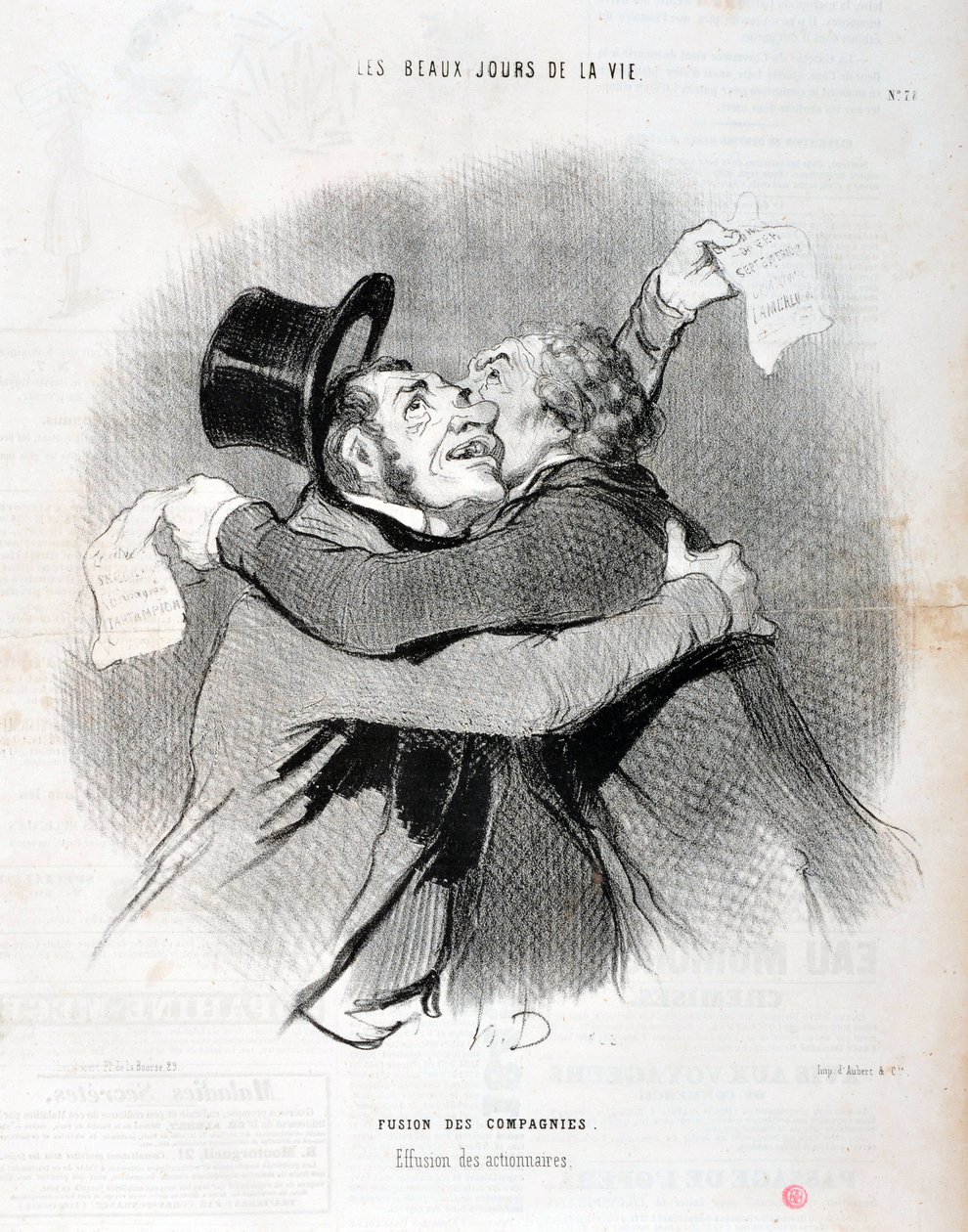 Artwork by Honore Daumier Charivari dates from 1845: Serie LES BEAUX DAYS DE LA VIE. Merger of companies - Outfall of shareholders by Honoré Daumier