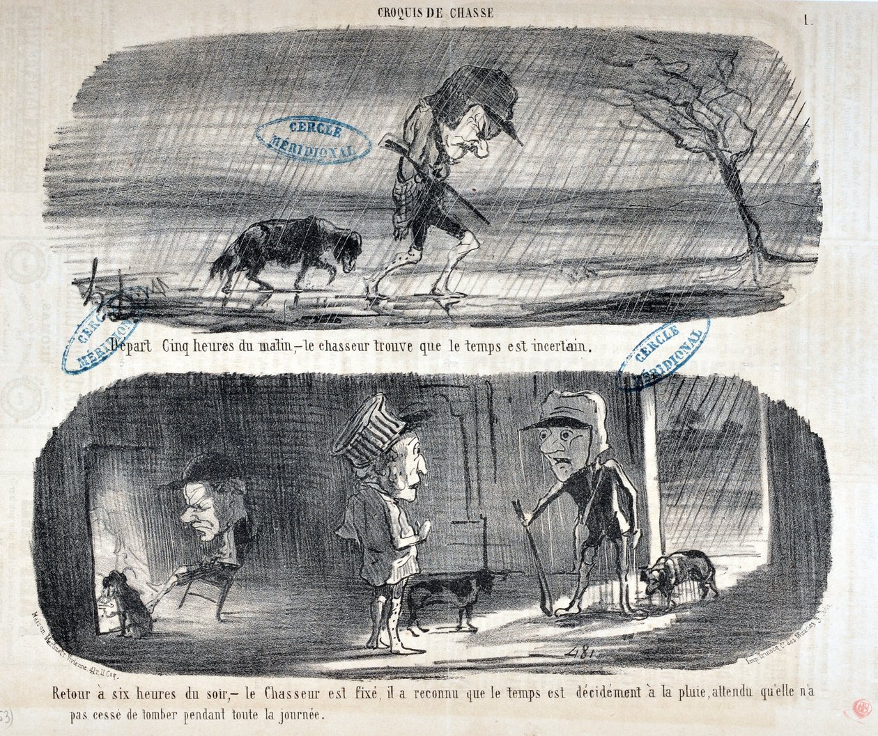 Charivari dates from 1853: Serie Sketches de Chasse Depart Five heures du matin, - le chasseur finds that the weather is uncertain Back to six o