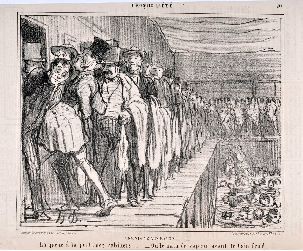 A visit to the baths: “The queue at the door of the cabinets... -Or the steam bath before the cold bath” Engraving by Honore Daumier. Extract from the newspaper “Le Charivari” by Honoré Daumier