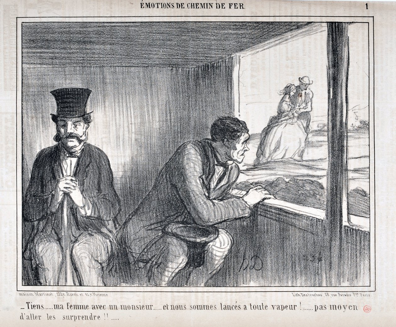 Artwork by Honore Daumier (1808-1879) Charivari dates from 1858: Serie EMOTIONS EN Chemin de fer - Tiens... ma femme avec un monsieur... et nous sommes lances a toute vapeur!... no way to go surprise them!!... MUSEUM OF FINE ARTS - PALACE LONGCHAMP, MARSE by Honoré Daumier