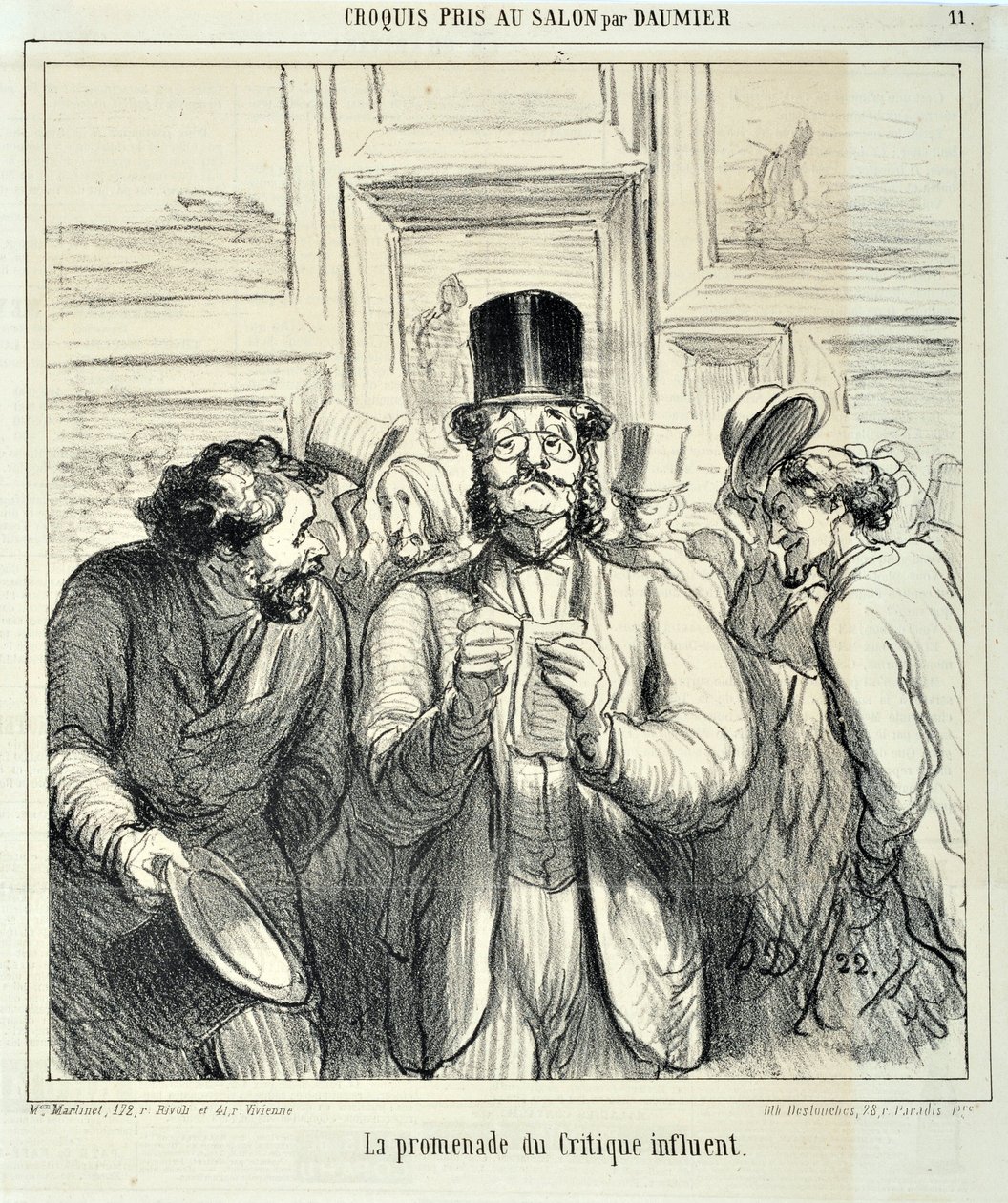 Sketches Taken at the Salon: The walk of the influential critic. Engraving by Honore Daumier. Extract from the newspaper “Le Charivari” by Honoré Daumier