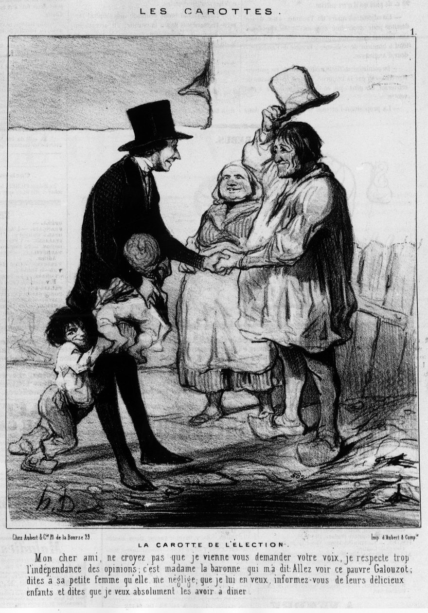 Candidate for election visit in a family of peasants: “The Carrot of the Election” - cartoon by Daumier, in “Charivari” of 21/03/1844 by Honoré Daumier