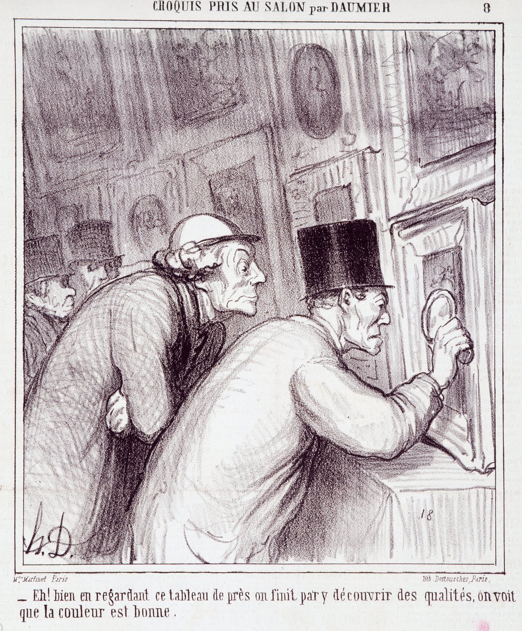 Cartoon about art lovers. Series “Sketch taken at the Salon by Daumier”: “Eh! well looking at this painting, we end up discovering quality, we see that the color is good”. Engraving by Honore Daumier. Extract from the newspaper “Le Charivari” by Honoré Daumier