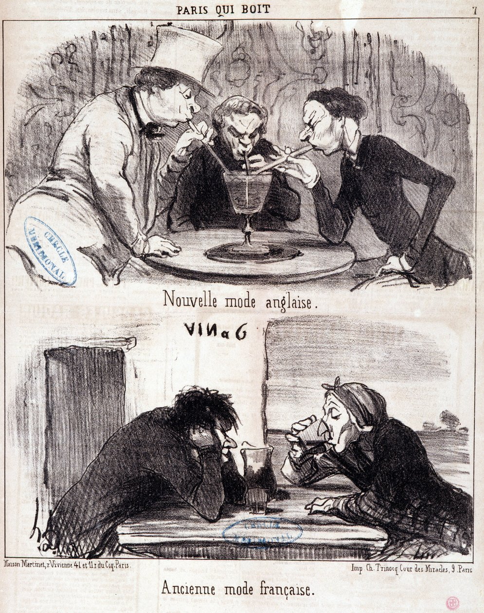 Cartoon about gastronomic abuse. “Paris who drinks” series: new English fashion and old French fashion. Engraving by Honore Daumier. Extract from the newspaper “Le Charivari” 23 June 1852 by Honoré Daumier