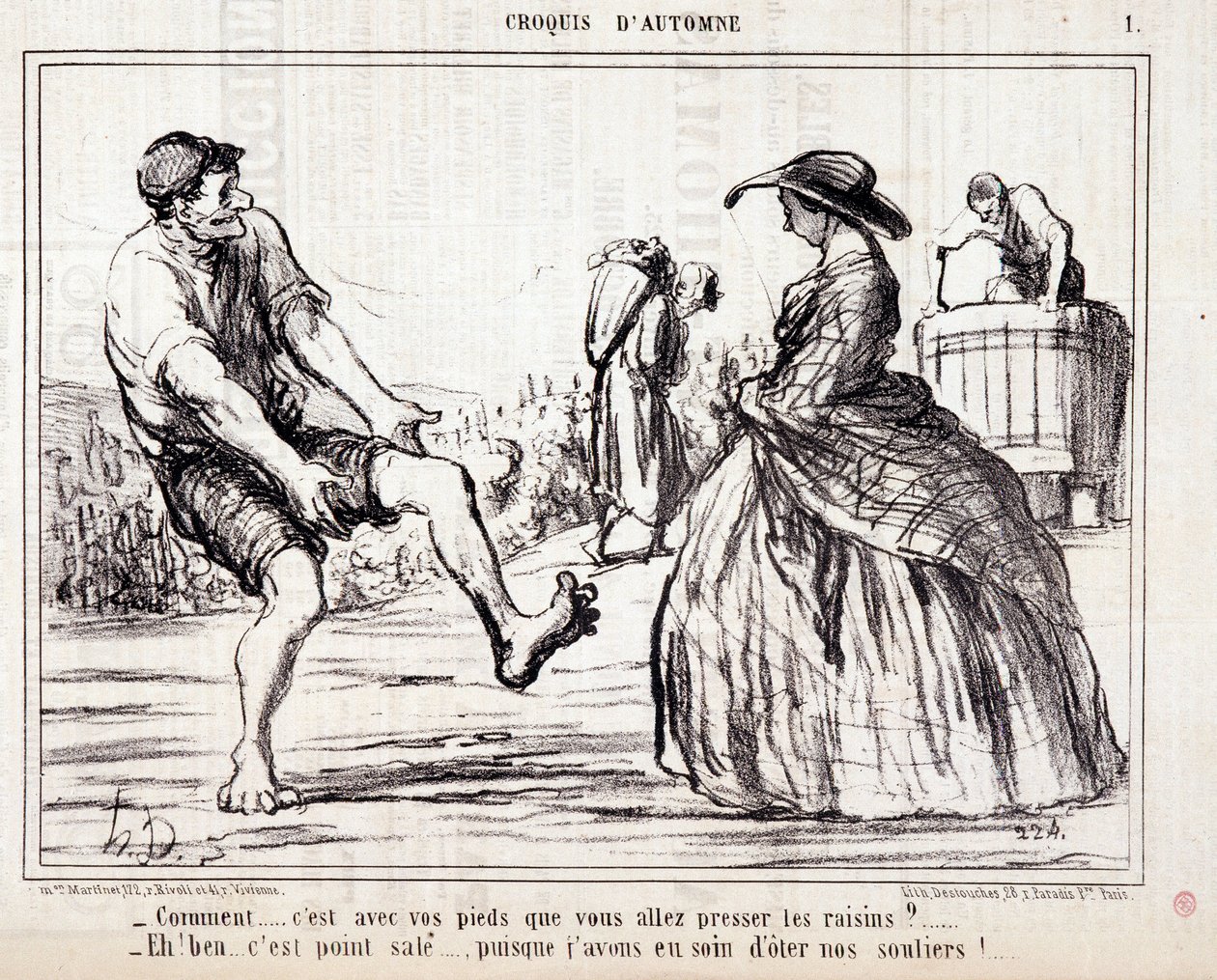 Cartoon About Harvesters Trampling on Barefoot Grapes. Series 