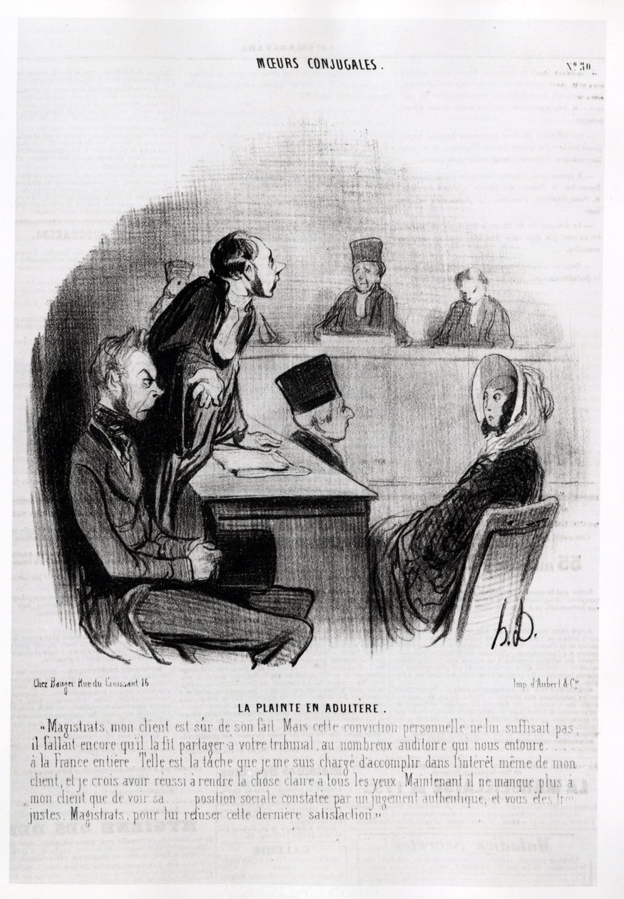 Marriage: Complaint of adultery. Illustration by Honore Daumier, published in Charivari, dated 20 November 1840 by Honoré Daumier