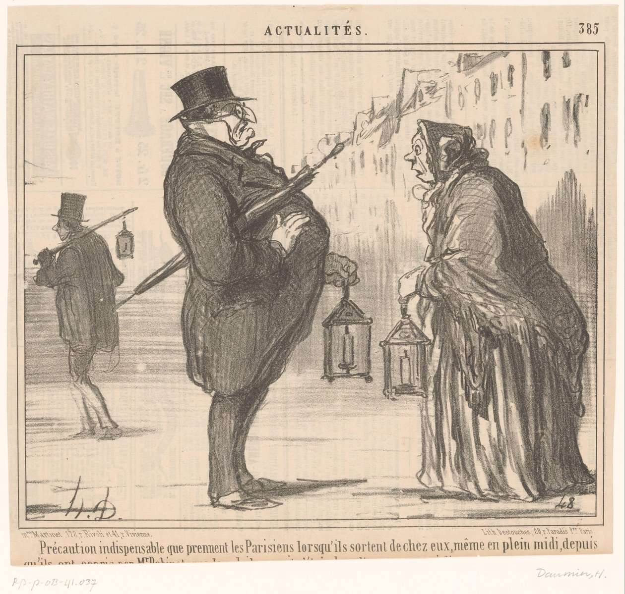 Monsieur Prudhomme and an Old Woman with Lantern and Umbrella by Honoré Daumier