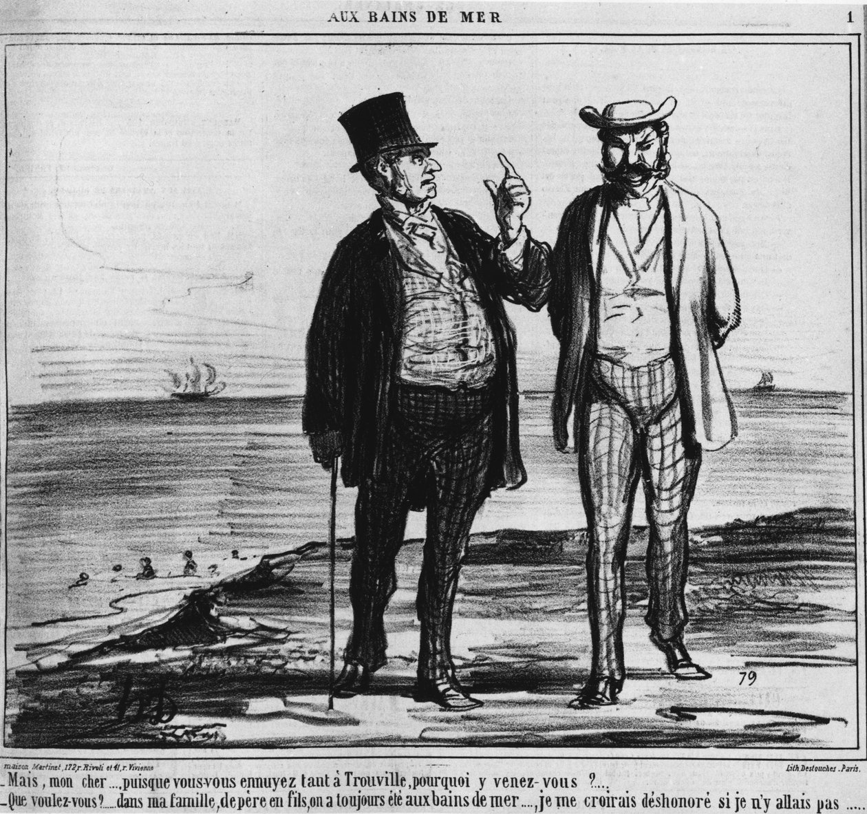 Seaside Baths: Parisians on a Trouville Beach of the Weight of Traditions and Family Habits - by Honore Daumier, in 