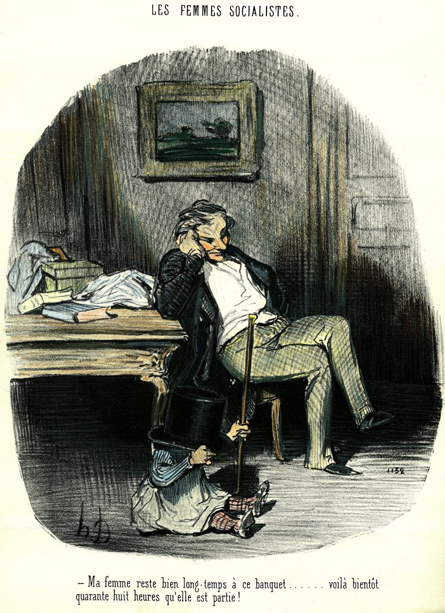 Socialist women: Anti-feminist cartoon depicting a man waiting with his child for his wife missing for two days. Lithograph by Honore Daumier, 19th century, Private Collection by Honoré Daumier