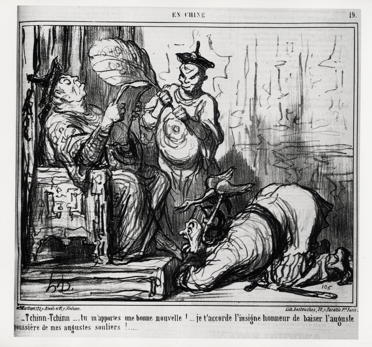 Tchinn Tchinn... You bring me good news! I grant you the great honor to kiss the august dust of my august shoes. In series En Chine, illustration by Honore Daumier, published in 