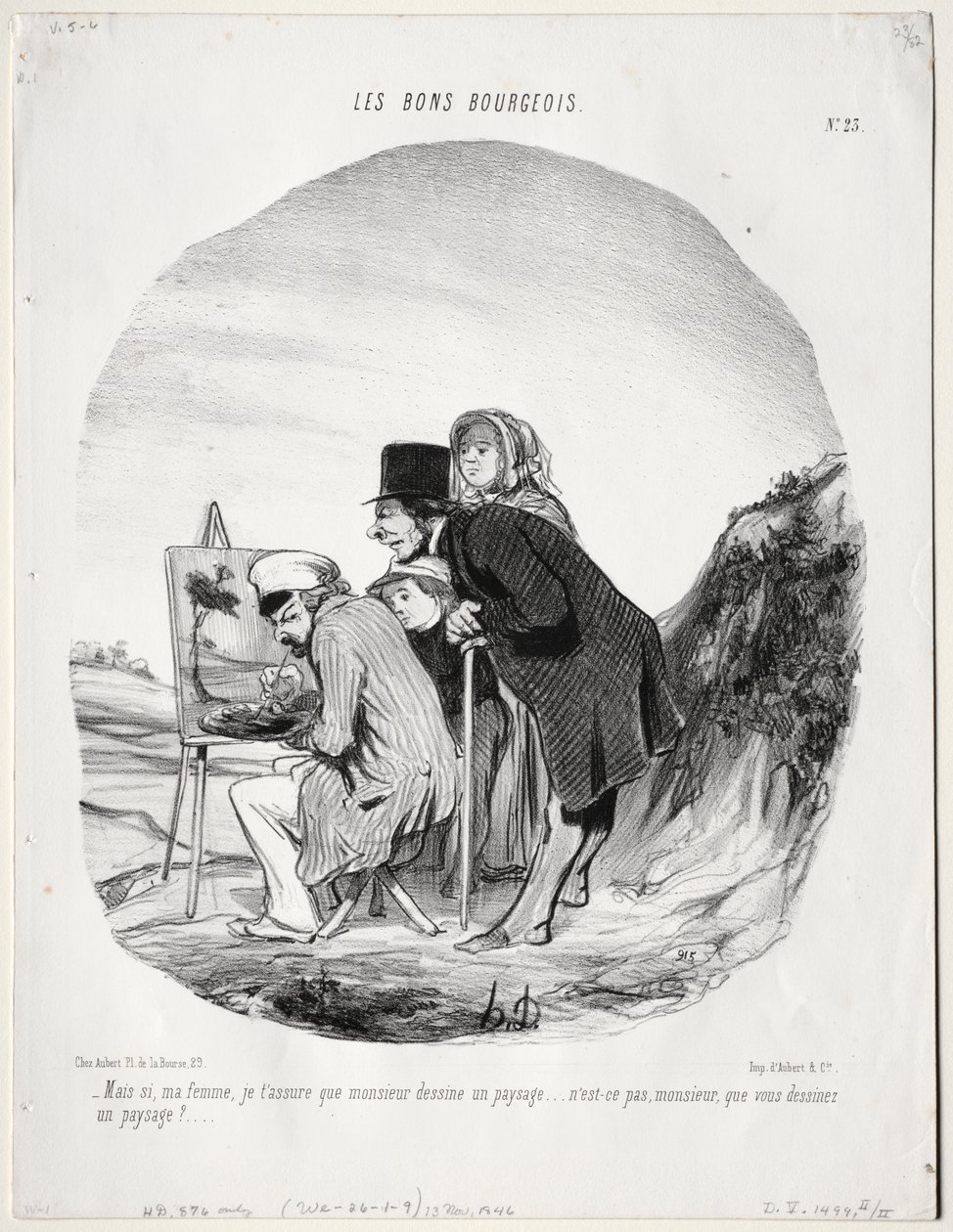 The Good Bourgeois, Plate 23: "But yes, my dear, I assure you that this gentleman is drawing a landscape...is it not so, sir, that you are drawing a landscape?" by Honoré Daumier
