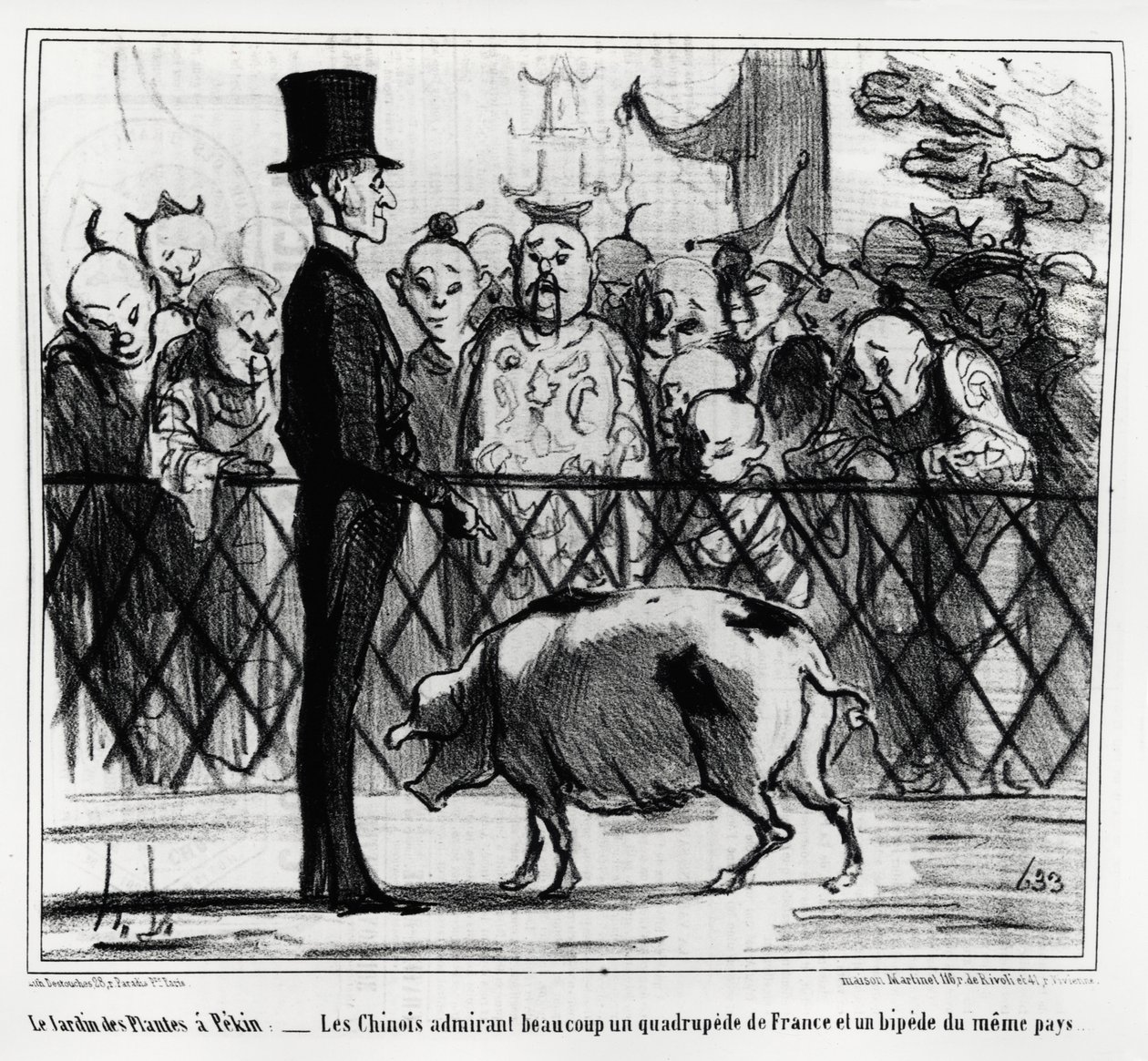 The Garden of Plants in Peking: The Chinese Admiring a Quadruped of France and a Beep of the Same Country. Illustration by Honore Daumier, Published in Charivari, China Actualites by Honoré Daumier