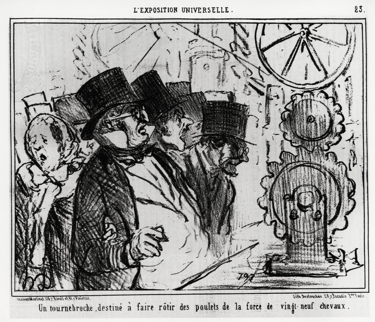 Universal exhibition: a turntable, designed to roast chickens with the strength of twenty-nine horses. Illustration by Honore Daumier, published in 