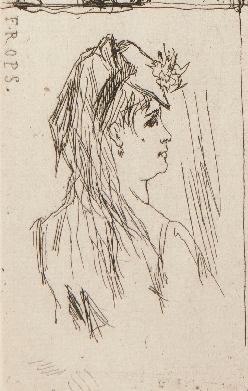 Head of an Old Man by Daumier; Chez Charles Beriot by Taiee; Head of a young woman by Rops; River landscape by Harpignies; Profile of a young woman by Honoré Daumier