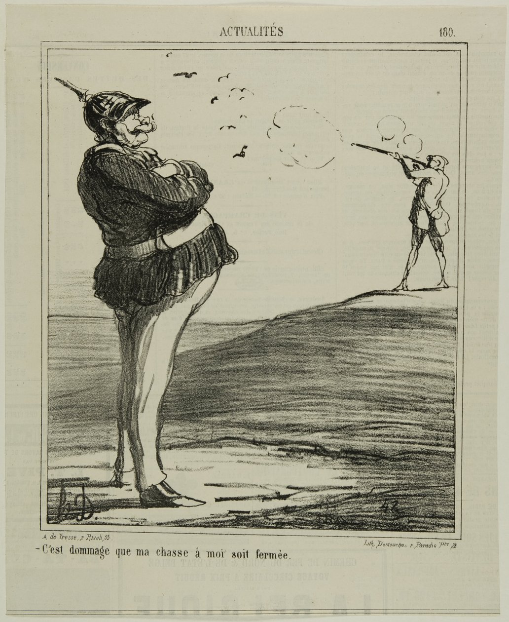 “-What a shame that I am not allowed to go hunting,” plate 180 from Actualities by Honoré Victorin Daumier