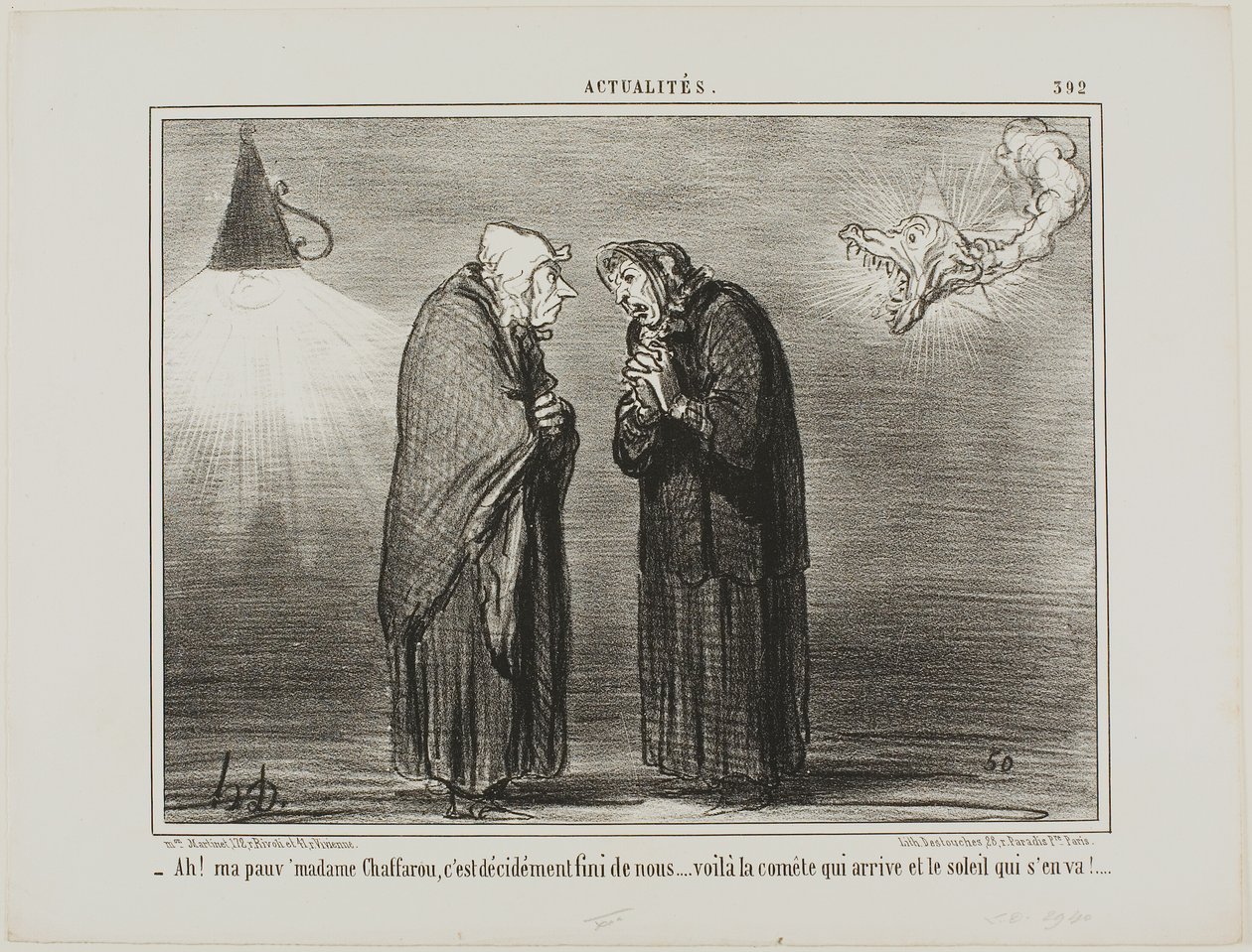 "- Ah, my dear Madame Chaffarou... this surely must be the end... the comet is coming and the sun is going," plate 392 from Actualités by Honoré Victorin Daumier