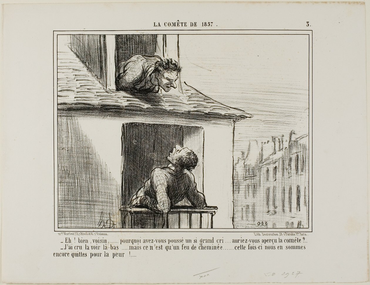 "- Hello, neighbour... what was all this yelling about... did you see the comet?" Plate 3 from La Comet De 1857 by Honoré Victorin Daumier
