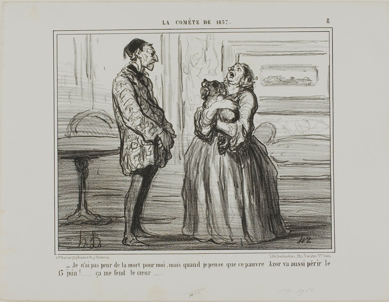 "- I am not afraid for me, but if I think of poor Azor who will perish on the 13th of June... it simply breaks my heart," plate 8 from The Comet of 1857 by Honoré Victorin Daumier
