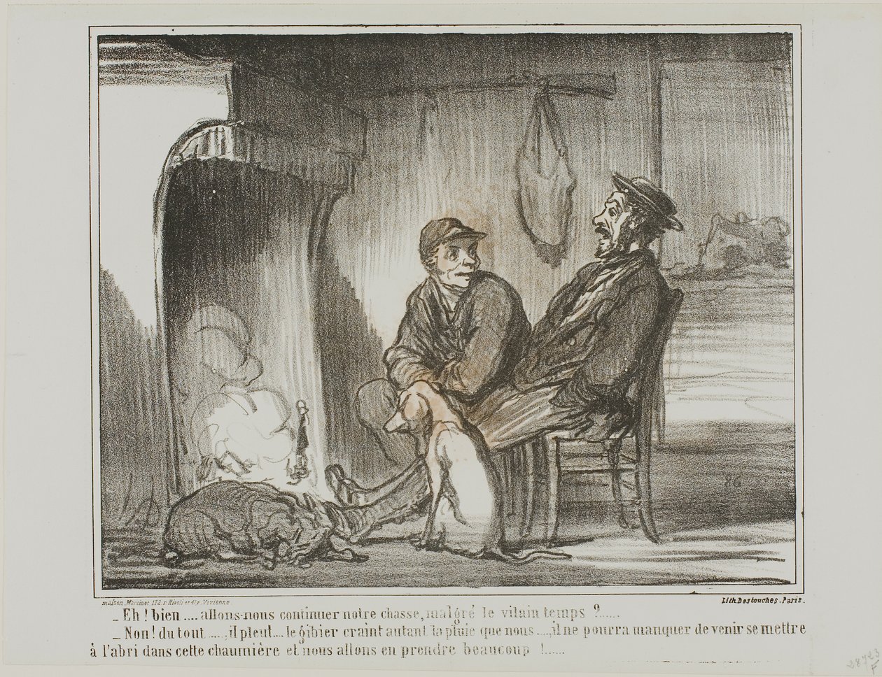 "- Now what? Are we going to continue hunting during the rain? - Not at all! The animals are just as afraid of the rain as we are. They might not be able to find this shelter, and we would end up losing too many of them!", plate 5 from Croquis De Chasse by Honoré Victorin Daumier