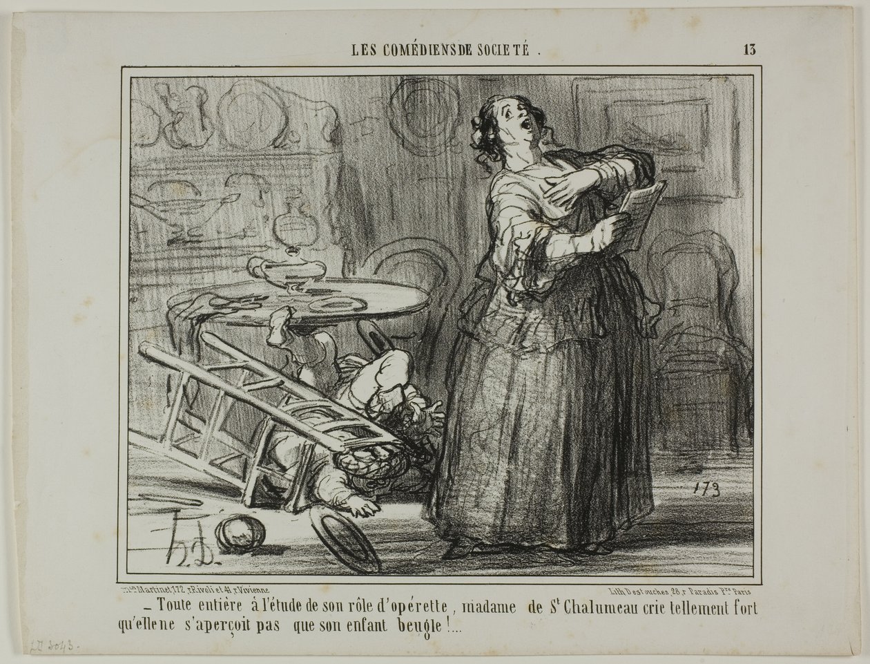 Taken by Her Operetta Part, Madame de St. Chalumeau is Shouting So Loud That She Does Not Notice the Bellowing of Her Child, plate 13 from The Amateur Actors by Honoré Victorin Daumier