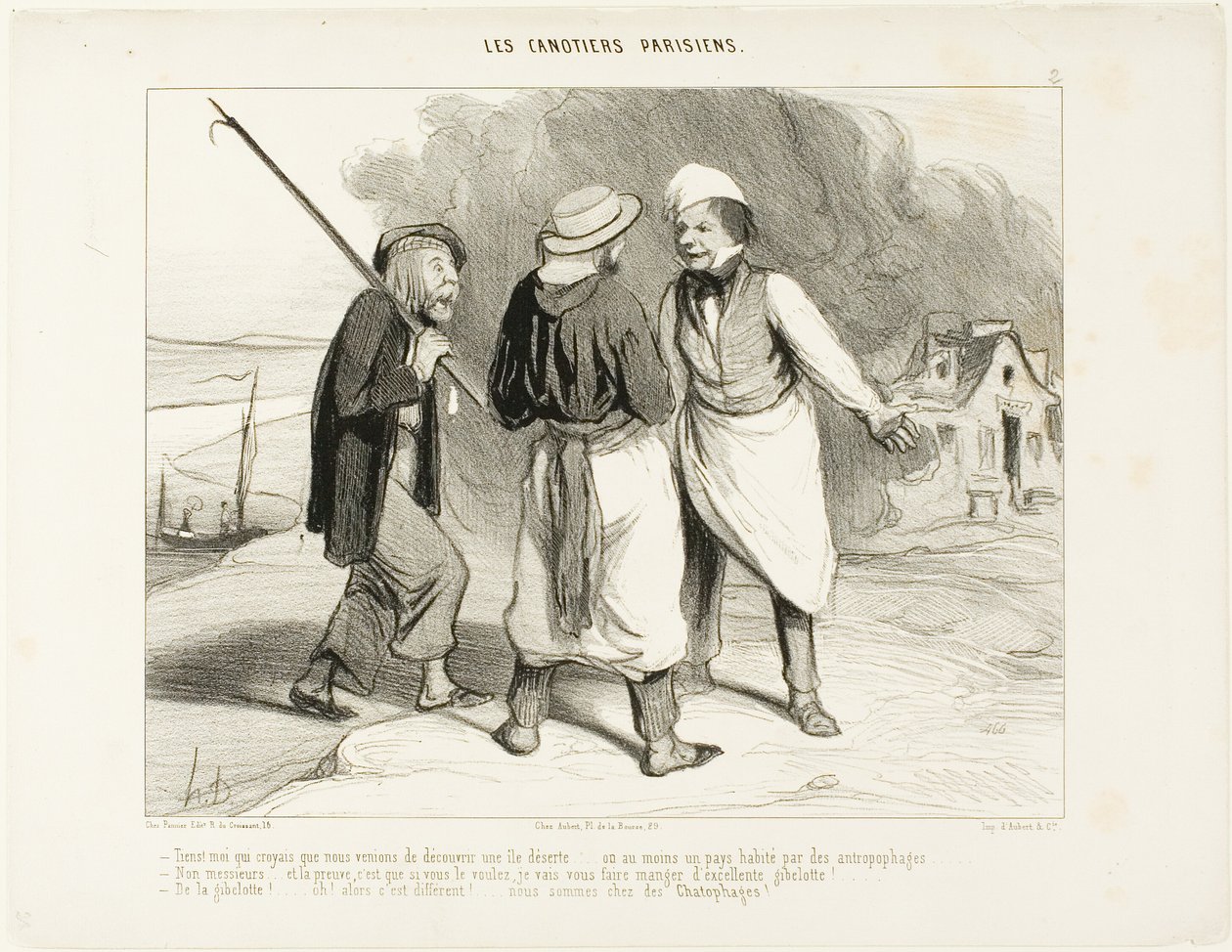 "- Well, fancy that! I thought that we had just discovered a deserted island or at least a country inhabited by cannibals. - No, Sir.... and the proof is that, if you want, I am going to make you eat an excellent fricassee of game in a white wine sauce. -  by Honoré Victorin Daumier