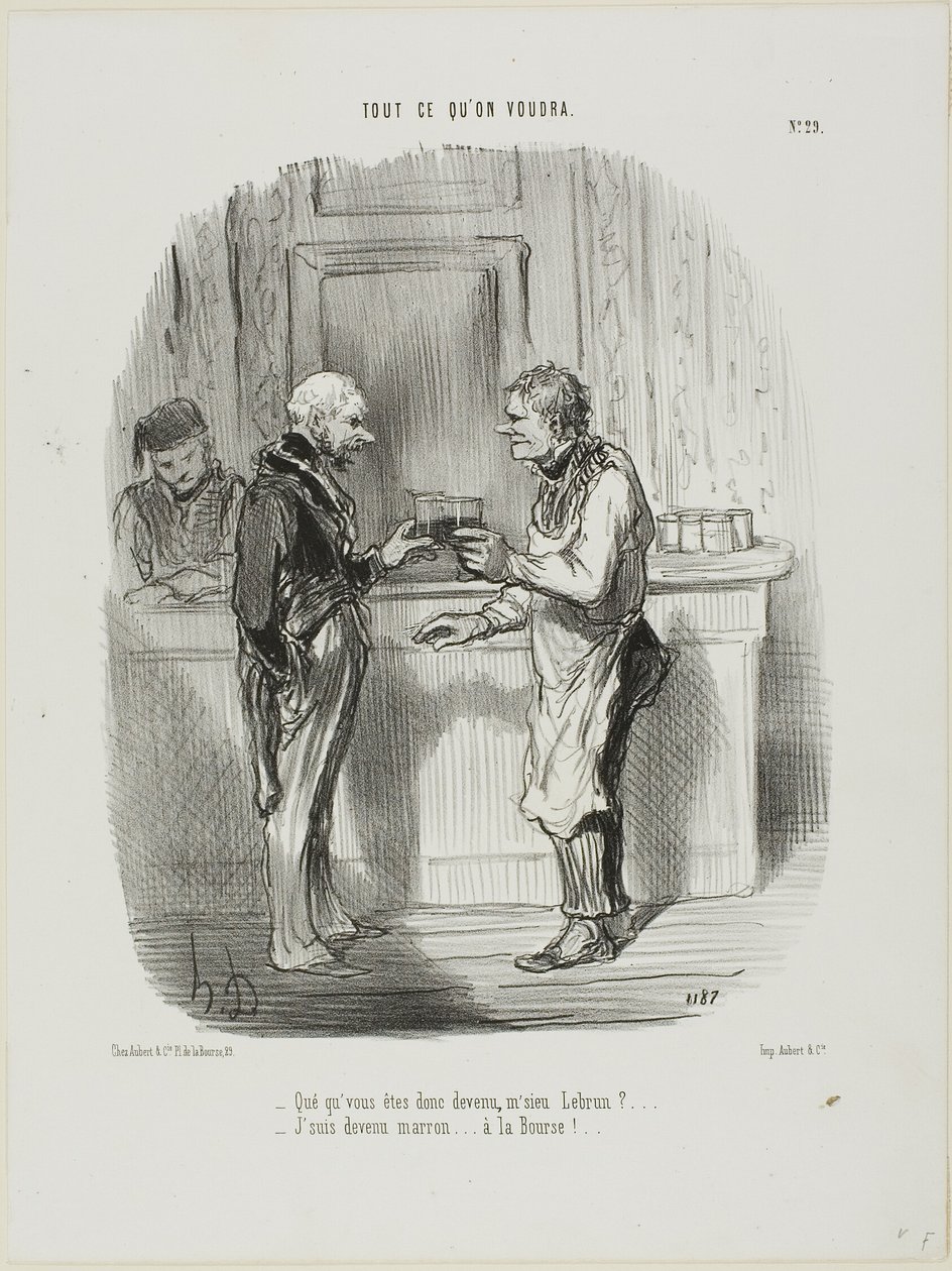 "- Whatever became of you, Mr. Brown? - I became an unlicensed broker at the Stock Exchange...," plate 29 from Tout Ce Qu