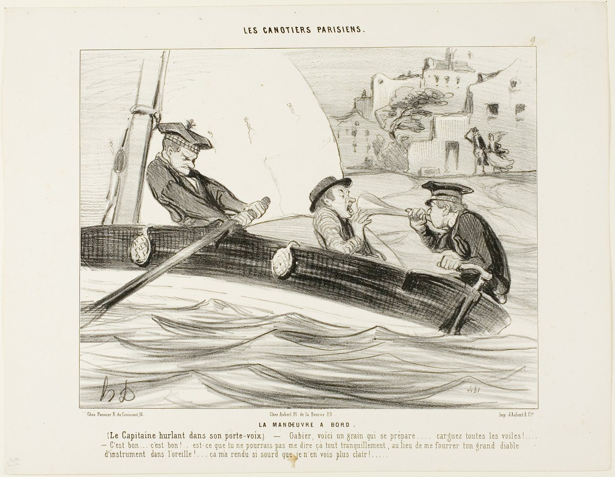 A Boat-Manoeuvre. The Captain yelling in his trumpet: "- Gabier! There is a squall building up, get ready!..... Clew up all the sails!... That