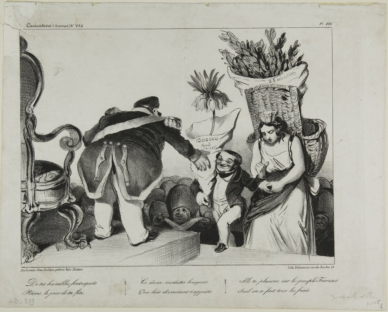 From your obedient subjects receive on your day of honor these two modest bunches of flowers. They will make you rejoice, since the people of France alone has taken over the costs, plate 486 by Honoré Victorin Daumier