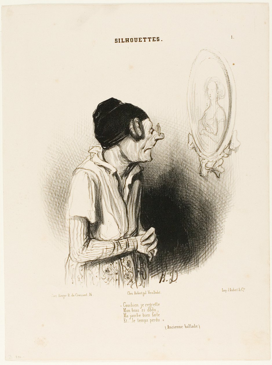 “How much I regret. My arms once so strong, my legs never fat and nothing went wrong” (an ancient song), plate 1 from Silhouettes by Honoré Victorin Daumier