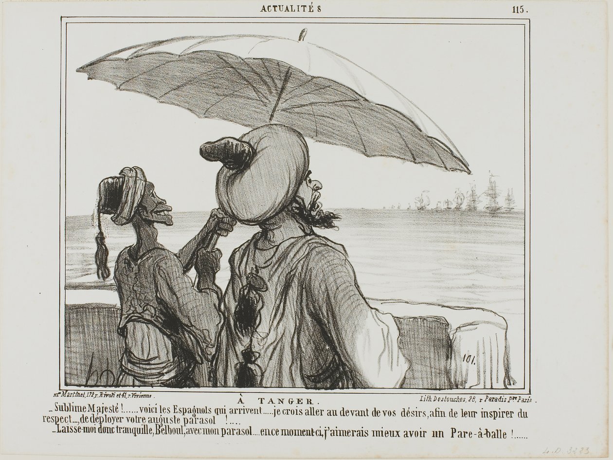 In Tangiers. "- Sublime Majesty... the Spanish are coming... in order to frighten them off I took the liberty to fully open your umbrella as a sign of your greatness! - Leave me alone with my umbrella, Belboul.... I would rather like to have an umbrella pr by Honoré Victorin Daumier