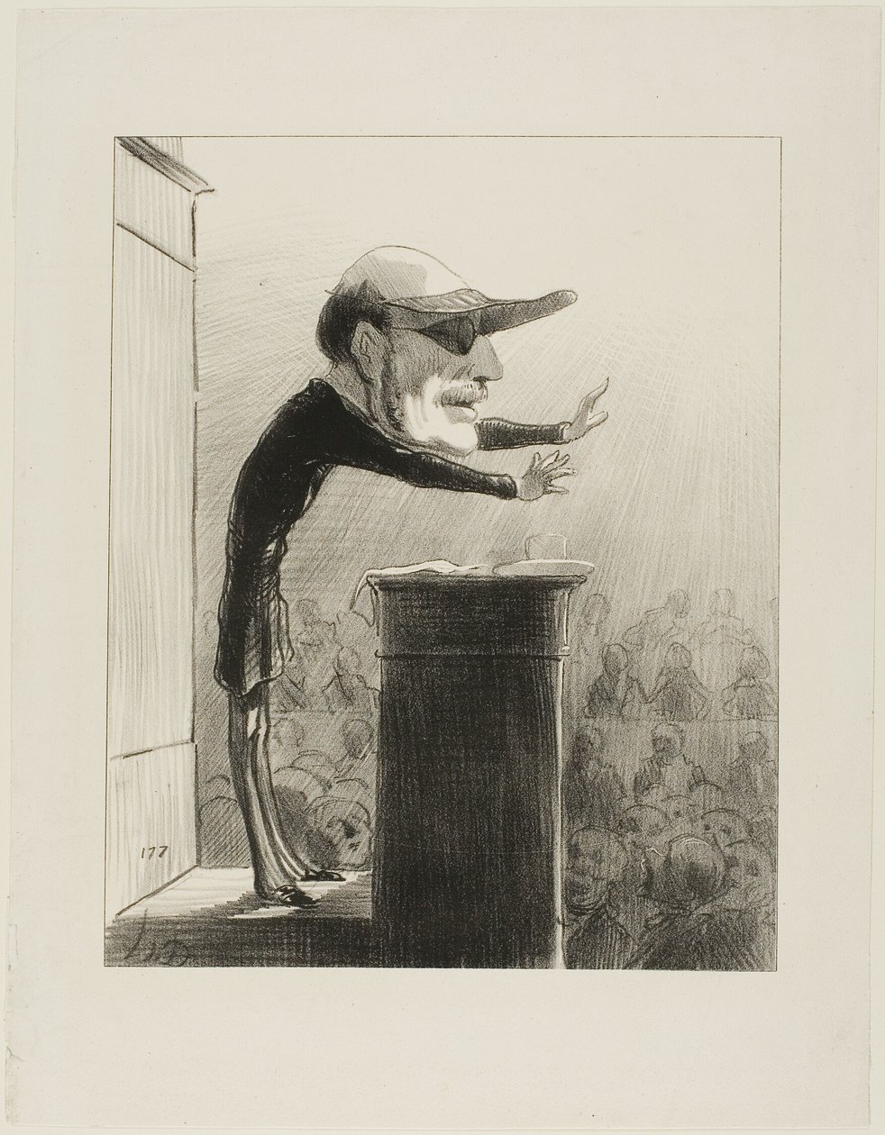 Jules de L (also known as Lasteyrie the Argand lamp). Former member of the opposition, now enemy of the light... blinded by the sudden appearance of the sun of the Republic, Jules de Lasteyrie now wears the eye-shade of the Constitutionnel, plate 33 by Honoré Victorin Daumier